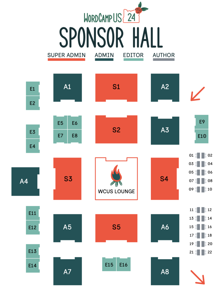 Map of the Sponsor Hall booth placement, with WCUS Lounge in the center